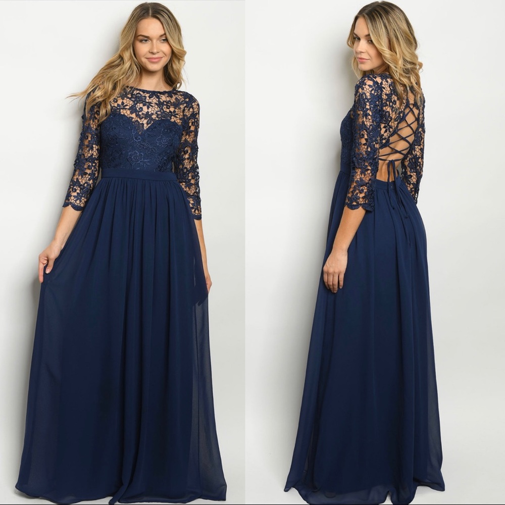 NAVY LACE FORMAL DRESS
